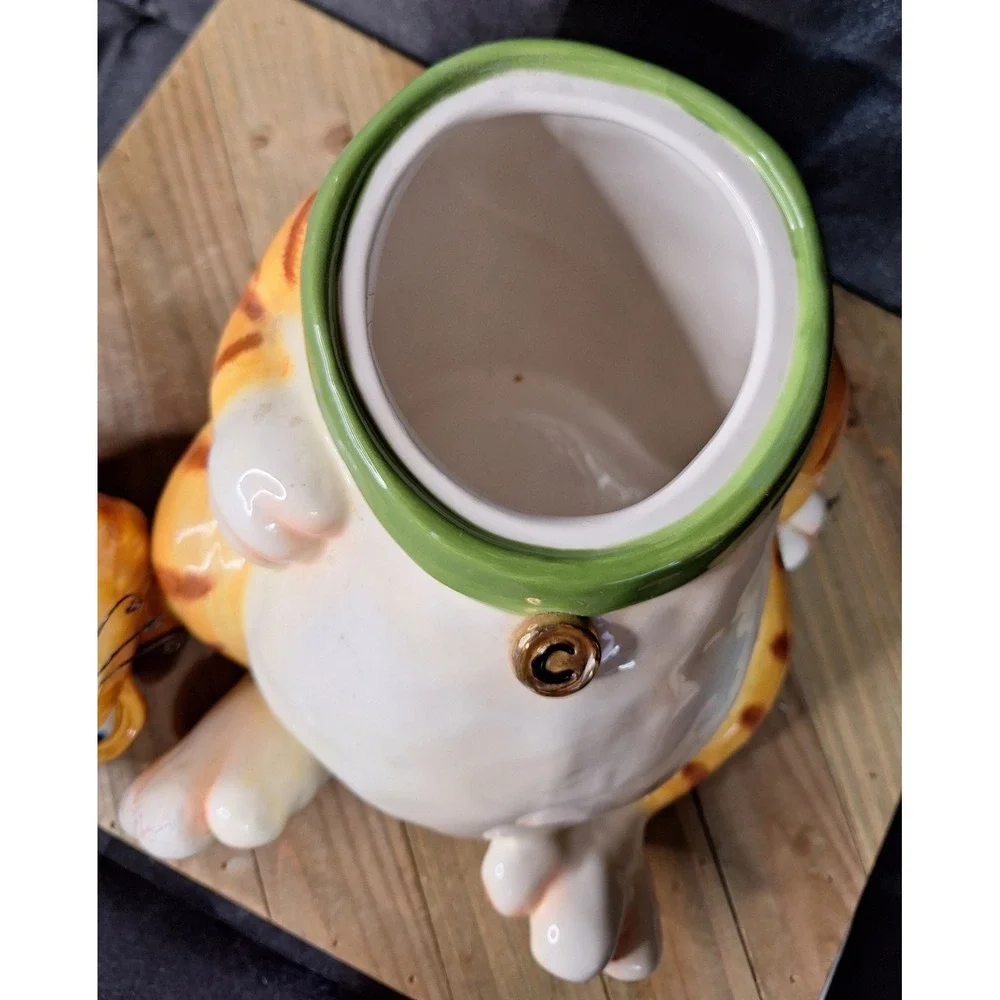 Vintage DCI Jim Orange 1990s Cat Ceramic Cookie Jar Green Collar Wire Whiskers